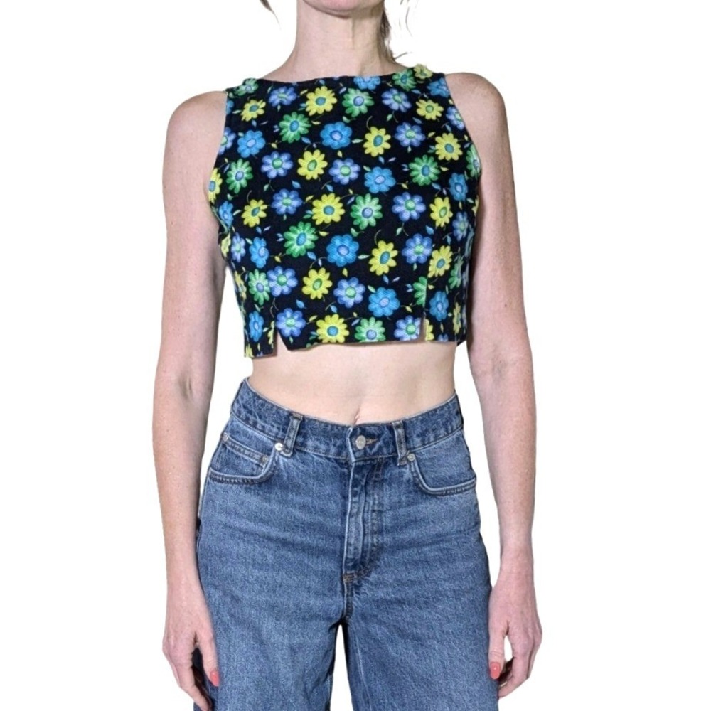 Vintage Streetwear Floral Crop Top Multi Sleeveless Back Zip 90s Made in US Sz S